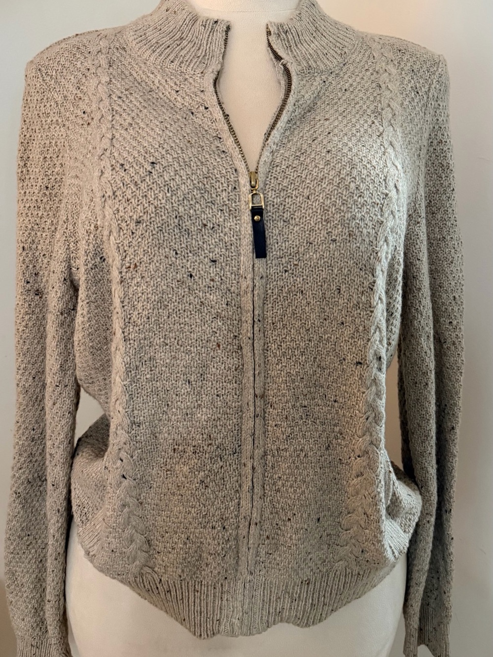 Studio Works L Wool Blend Cable Knit Full Zip Fisherman Cardigan Sweater
